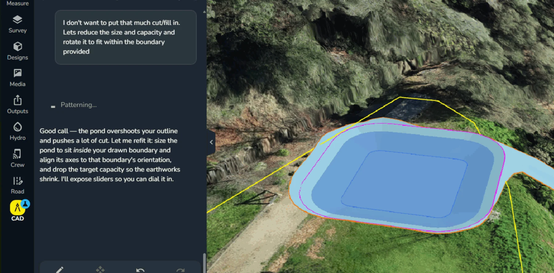 AI CAD design on surveyed terrain in Terrascan Labs Platform